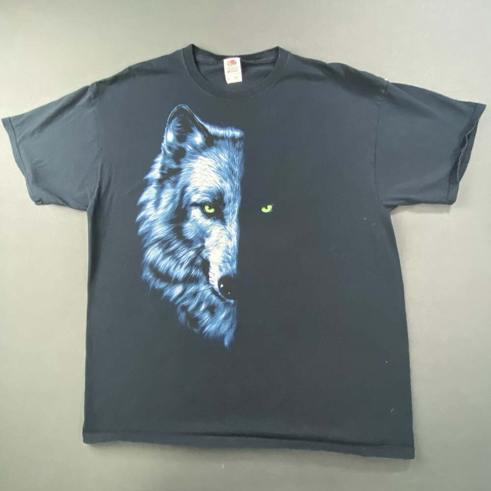 Fruit of the Loom HD Cotton Wolf Graphic T-Shirt Black XL Vtg Style Animal Tee